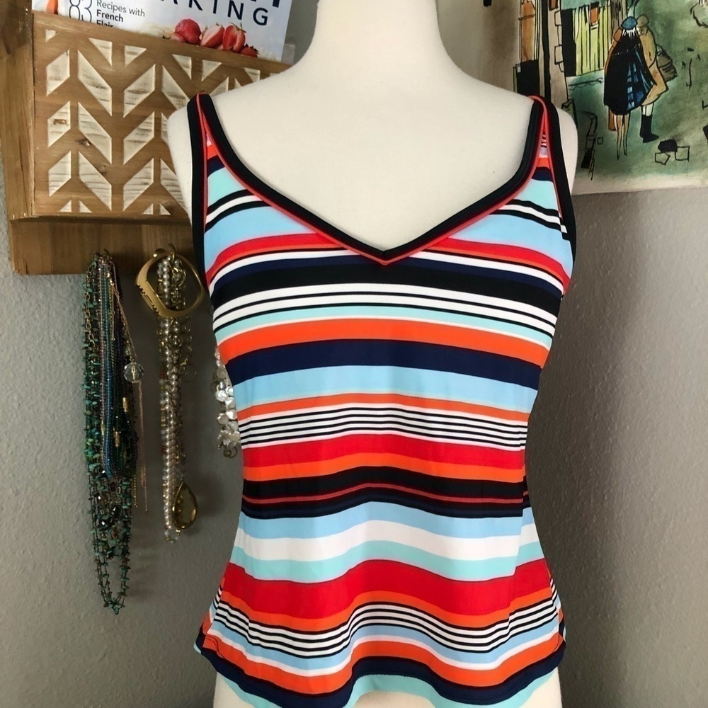 SOUTH POINT Swimsuit Tankini Top Women's size M Blue Red & White Built in Bra